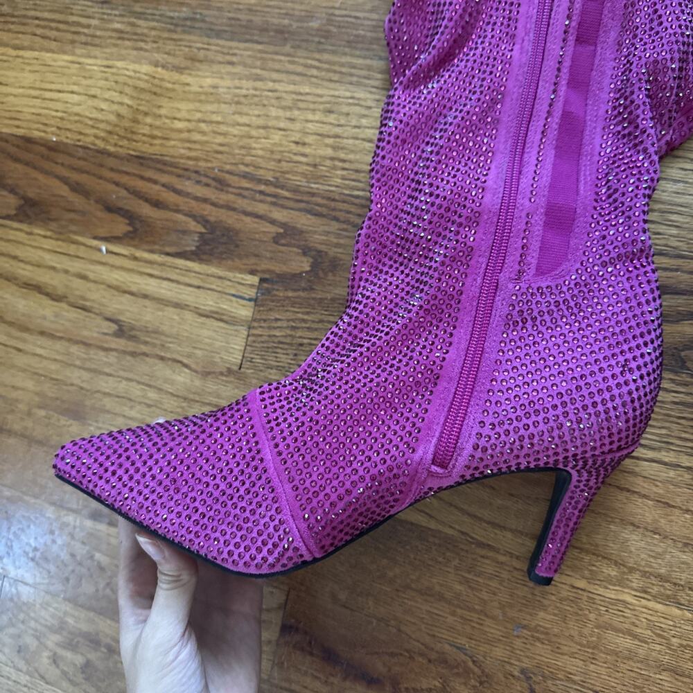 Torrid 9,5WW Wide Sexy Hot Pink Rhinestone Studded Slouchy 3.5" Heel Knee Boots - Picture 4 of 13